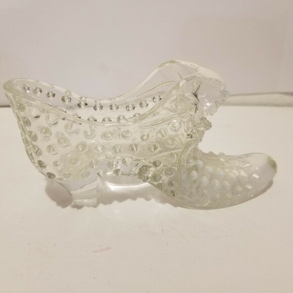 Fenton Clear Glass Hobnail Shoe Slipper with Cat head - Partial Opalescent - Picture 9 of 12
